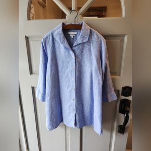 Foxcroft Blue Long Sleeve 100% Linen Button Down Size 8 Non Iron